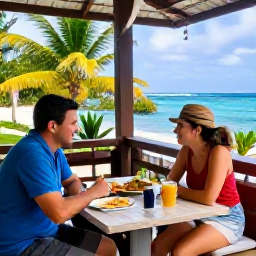 Caribbean Holidays, Cayman Walking Holidays, A friendly travel pair relaxing at a small Cayman Islands caf&eacute; after a morning walk, with tropical scenery and local food
