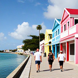 Caribbean Holidays, Cayman Walking Holidays, A friendly travel scene in George Town, Cayman Islands, with walkers exploring colourful streets near the waterfront