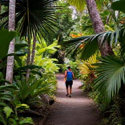 Caribbean Holidays, Cayman Walking Holidays, A peaceful nature trail through Cayman woodland, showing native trees, tropical plants and a walker observing local wildlife