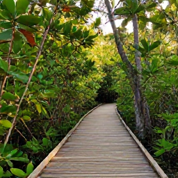 Caribbean Holidays, Cayman Walking Holidays, A peaceful nature trail through mangroves and tropical vegetation on Grand Cayman, with a wooden boardwalk and soft morning light