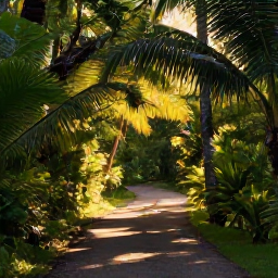 Caribbean Holidays, Cayman Walking Holidays, A peaceful tropical nature trail through Cayman woodland with palms, native trees and dappled morning light