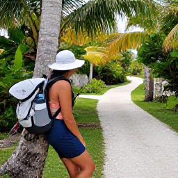 Caribbean Holidays, Cayman Walking Holidays, A prepared walker with water bottle, sun hat and light backpack resting under a palm tree beside a Cayman trail