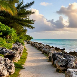Caribbean Holidays, Cayman Walking Holidays, A quiet coastal walking trail on Grand Cayman in October, with limestone rocks, turquoise sea and tropical greenery under soft morning light