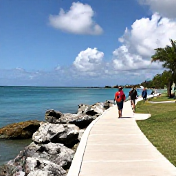 Caribbean Holidays, Cayman Walking Holidays, A scenic coastal path near George Town in Grand Cayman, with walkers, limestone rocks and calm Caribbean sea