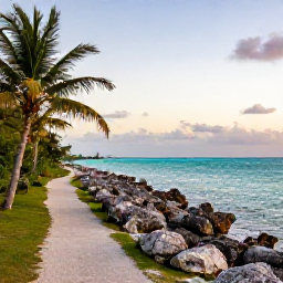 Caribbean Holidays, Cayman Walking Holidays, A scenic coastal walking trail on Grand Cayman in February, with turquoise sea, limestone rocks, palm trees and soft morning sunlight