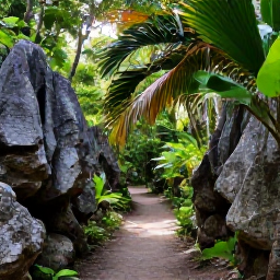 Caribbean Holidays, Cayman Walking Holidays, A scenic nature trail through Cayman woodland with limestone rocks, palms and tropical plants in soft morning sunlight