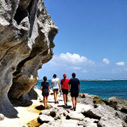 Caribbean Holidays, Cayman Walking Holidays, A small group walking along a rocky coastal path near dramatic limestone scenery and clear blue water on Grand Cayman