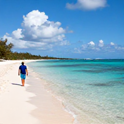 Caribbean Holidays, Cayman Walking Holidays, A walker beside the Caribbean Sea on a Grand Cayman beach, with clear shallow water, white sand and a relaxed island atmosphere