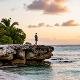 Caribbean Holidays, Cayman Walking Holidays, A walker beside the rugged coastline at sunset on Grand Cayman, with calm turquoise water, coral stone and a warm tropical sky