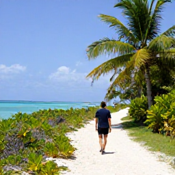 Caribbean Holidays, Cayman Walking Holidays, A walker following a quiet sandy trail beside turquoise sea and tropical vegetation on Grand Cayman