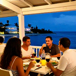 Caribbean Holidays, Cayman Walking Holidays, Friendly travellers enjoying a relaxed evening meal at a waterfront restaurant in George Town, Grand Cayman