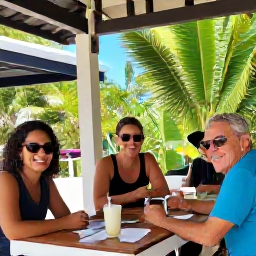 Caribbean Holidays, Cayman Walking Holidays, Friendly walkers enjoying a relaxed break at a Cayman Islands caf&eacute; after a nature walk, with tropical surroundings and refreshments