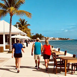 Caribbean Holidays, Cayman Walking Holidays, Friendly walkers enjoying a relaxed stop at a waterfront caf&eacute; in George Town, Grand Cayman, in warm January weather