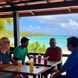 Caribbean Holidays, Cayman Walking Holidays, Friendly walkers resting at a shaded caf&eacute; terrace in the Cayman Islands after a hike, with fresh tropical drinks and island scenery