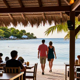 Caribbean Holidays, Cayman Walking Holidays, Two travellers relaxing at a shaded beachside caf&eacute; after a morning walk, with tropical scenery and calm Caribbean water behind them