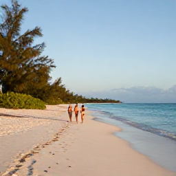 Caribbean Holidays, Cayman Walking Holidays, Visitors walking along a quiet Cayman Islands beach at sunrise, with white sand, calm blue water and tropical vegetation