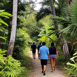 Caribbean Holidays, Cayman Walking Holidays, Walkers exploring a lush nature trail through the Mastic Reserve on Grand Cayman, surrounded by native trees and tropical greenery