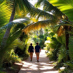 Caribbean Holidays, Cayman Walking Holidays, Walkers exploring a peaceful nature trail through tropical woodland on Grand Cayman, with sunlight filtering through palm trees