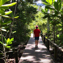 Caribbean Holidays, Cayman Walking Holidays, Walkers exploring a quiet Cayman Islands nature trail through mangroves and woodland, with native plants and dappled April sunlight