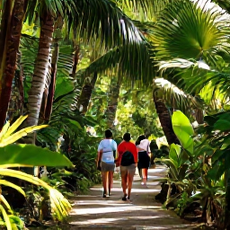 Caribbean Holidays, Cayman Walking Holidays, Walkers exploring a shaded nature path through Caymanian woodland, with palms, native plants and filtered sunshine
