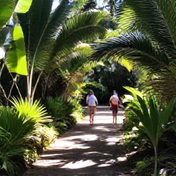 Caribbean Holidays, Cayman Walking Holidays, Walkers following a peaceful nature trail through Cayman woodland, with native palms, tropical plants and dappled sunlight
