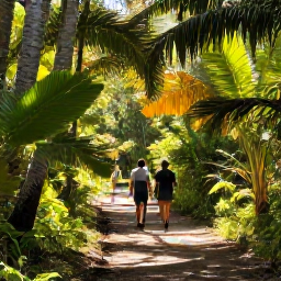 Caribbean Holidays, Cayman Walking Holidays, Walkers following a shaded nature trail through Grand Cayman woodland, surrounded by palms, native plants and dappled October sunshine