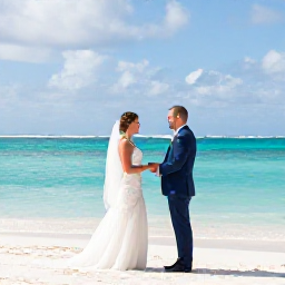 Caribbean Holidays, Cayman Wedding April, Bride and groom exchanging vows on a white sandy beach in the Cayman Islands during a sunny April afternoon