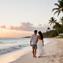 Caribbean Holidays, Cayman Wedding April, Couple walking along Seven Mile Beach at sunset with gentle waves and palm trees, Grand Cayman
