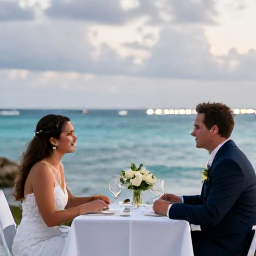 Caribbean Holidays, Cayman Wedding April, Newly married couple enjoying a romantic dinner overlooking the Caribbean Sea in Grand Cayman