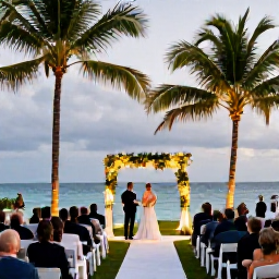 Caribbean Holidays, Cayman Wedding April, Outdoor wedding reception under softly lit palm trees beside the sea in the Cayman Islands