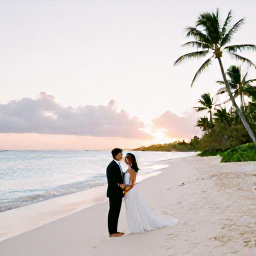 Caribbean Holidays, Cayman Wedding, Bride and groom standing barefoot on a quiet white-sand beach in Grand Cayman at sunset, with calm turquoise sea and palm trees