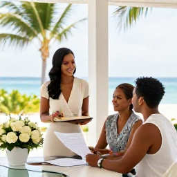 Caribbean Holidays, Cayman Wedding, Couple meeting a friendly Cayman Islands wedding planner in a bright tropical office, looking at ceremony plans and flowers