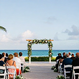 Caribbean Holidays, Cayman Wedding, Elegant outdoor wedding ceremony beside the sea at a Grand Cayman resort, with white chairs, tropical flowers and guests in smart casual clothing