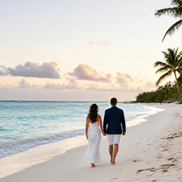 Caribbean Holidays, Cayman Wedding March, Bride and groom walking barefoot along a quiet white-sand beach in Grand Cayman at sunset, with calm turquoise sea and gentle palm trees