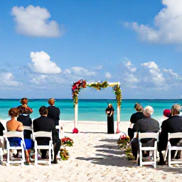 Caribbean Holidays, Cayman Wedding March, Elegant beachfront wedding ceremony in Grand Cayman with white chairs, tropical flowers, turquoise water and blue skies