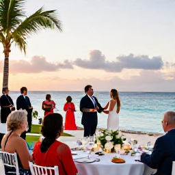 Caribbean Holidays, Cayman Wedding March, Happy wedding couple enjoying a sunset reception beside the Caribbean Sea, with tropical table decorations and guests in smart casual clothing