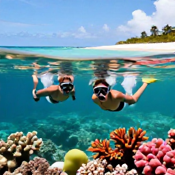 Caribbean Holidays, Cayman Wedding March, Newlyweds snorkelling in clear Cayman Islands water above colourful coral, with a white sandy beach in the background