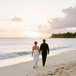 Caribbean Holidays, Cayman Wedding, Newly married couple enjoying a sunset stroll along Seven Mile Beach, with gentle waves, warm light and relaxed holiday atmosphere
