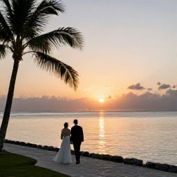 Caribbean Holidays, Cayman Wedding October, Bride and groom walking beside calm Caribbean water at sunset on Grand Cayman, palm trees and colourful evening sky