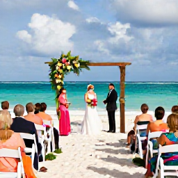 Caribbean Holidays, Cayman Wedding October, Elegant beach wedding ceremony on Grand Cayman in October, turquoise sea, white sand, tropical flowers and a small group of happy guests