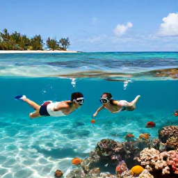 Caribbean Holidays, Cayman Wedding October, Newly married couple snorkelling in clear Cayman Islands water, colourful reef fish, bright tropical coastline and relaxed holiday atmosphere