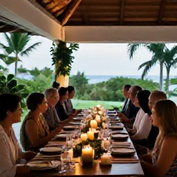 Caribbean Holidays, Cayman Wedding October, Romantic Cayman Islands wedding reception under a covered terrace, candlelit tables, tropical greenery and guests enjoying dinner