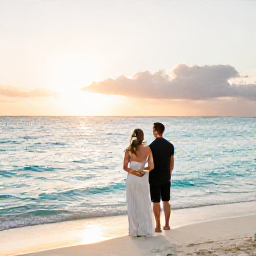 Caribbean Holidays, Cayman Weddings, Bride and groom standing barefoot beside turquoise Caribbean water on a quiet Grand Cayman beach, with simple white flowers and a warm sunset