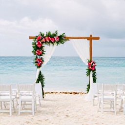 Caribbean Holidays, Cayman Weddings, Elegant beach wedding set-up on Seven Mile Beach in Grand Cayman, with white chairs, tropical flowers and calm turquoise sea