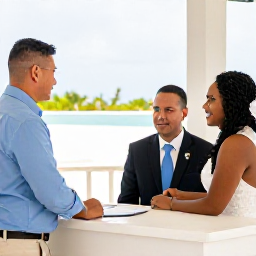 Caribbean Holidays, Cayman Weddings, Happy couple completing wedding paperwork with a friendly Cayman Islands official in a bright island office