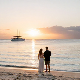 Caribbean Holidays, Cayman Weddings, Newly married couple exploring a calm Caribbean beach and enjoying a sunset boat trip around Grand Cayman