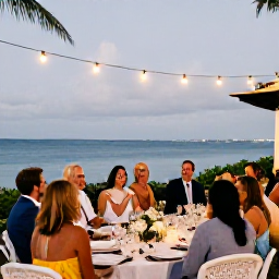 Caribbean Holidays, Cayman Weddings, Wedding guests enjoying a relaxed outdoor dinner under string lights beside the Caribbean sea in Grand Cayman