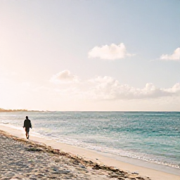 Caribbean Holidays, Cayman Wellness, A calm January morning on Seven Mile Beach in Grand Cayman, with soft sunlight, turquoise water and a relaxed traveller walking along the shore
