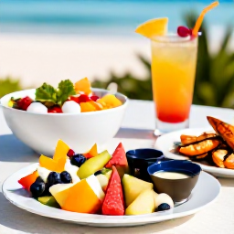 Caribbean Holidays, Cayman Wellness, A healthy Caribbean lunch in Grand Cayman featuring colourful fresh fruit, salad, grilled seafood and a tropical drink at an outdoor table