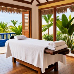 Caribbean Holidays, Cayman Wellness, A peaceful spa treatment room in Grand Cayman with natural wood, white towels, tropical plants and soft daylight